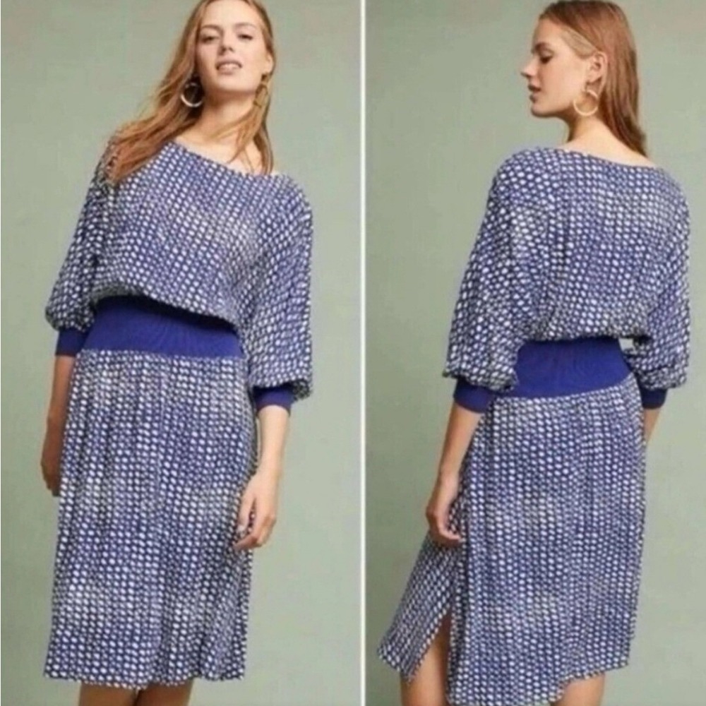 Anthropologie Maeve Blue and White Dot Midi Dress Feminine Coastal Cowgirl